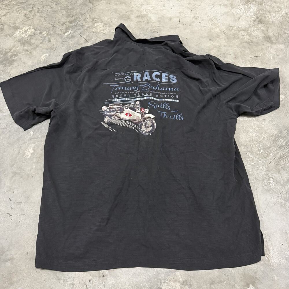 Tommy Bahama Silk Shirt Motorcycle Races Spills and Thrills Embroidered Size XL